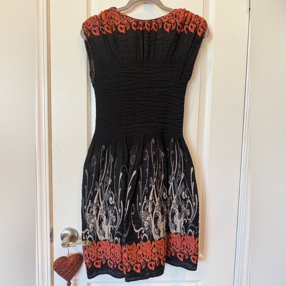 Black Orange Ruched Fit & Flare Dress V Neck Mini Party Dress M - Picture 3 of 4